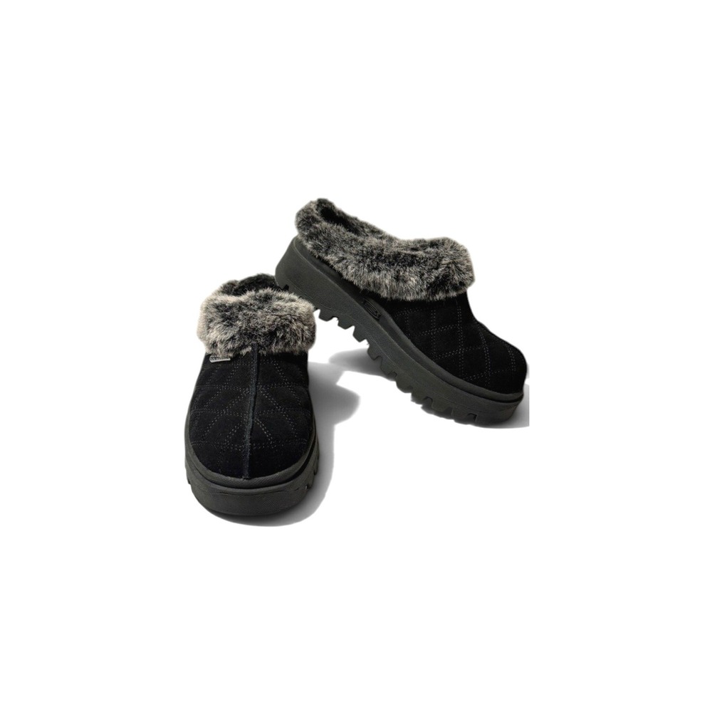 Skechers Y2K Black Suede Faux Fur Platform Clogs Slip On Womens 6.5 Lug Sole